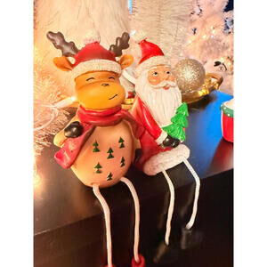 Christmas Shelf Sitters Set Santa & Reindeer Figurines Rope Legs Holiday Decor